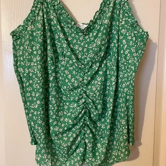 LUSH Floral Print Ruched Front Cami 1X Tunic Top Tank Green Summer Spring - Picture 3 of 7
